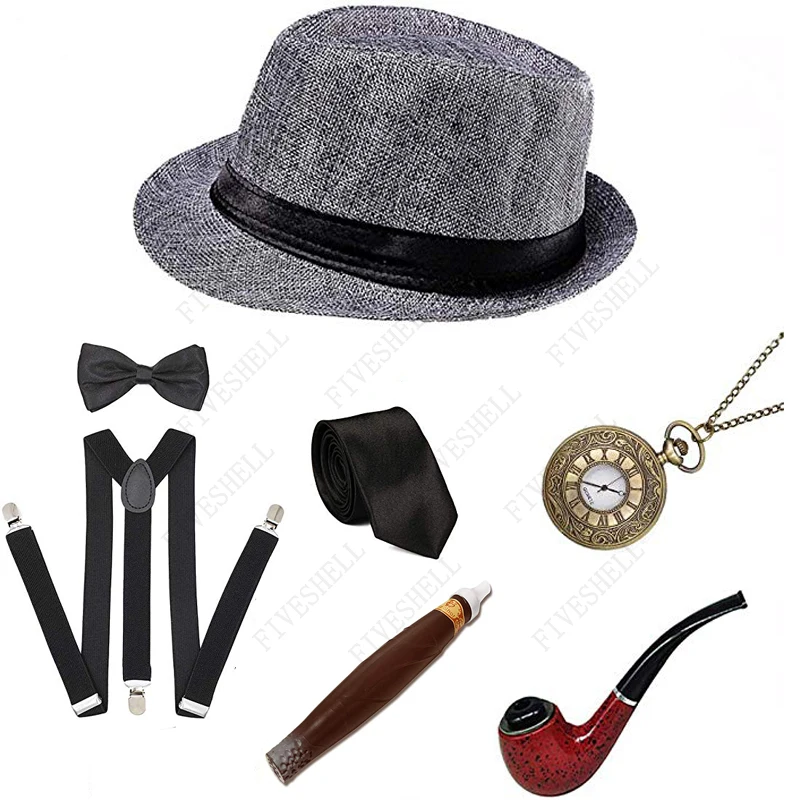 Retro Party Cosplay 1920S Mens Great Gatsby Accessories Set Roaring Gangster20s 30s Costume Set Pipe Vintage Pocket Watch Cigar