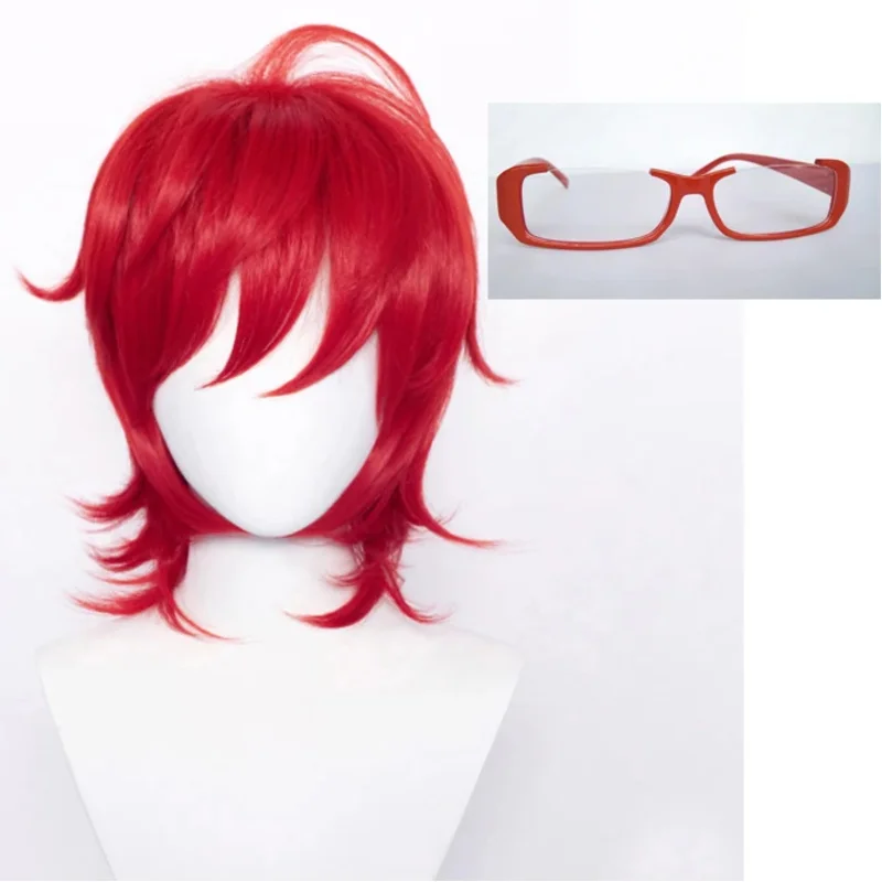 Info-Chan Wig Games Yandere Info Chan Short Red Cosplay Wig With Glasses Heat Resistant Hair Cosplay Wigs + a wig cap