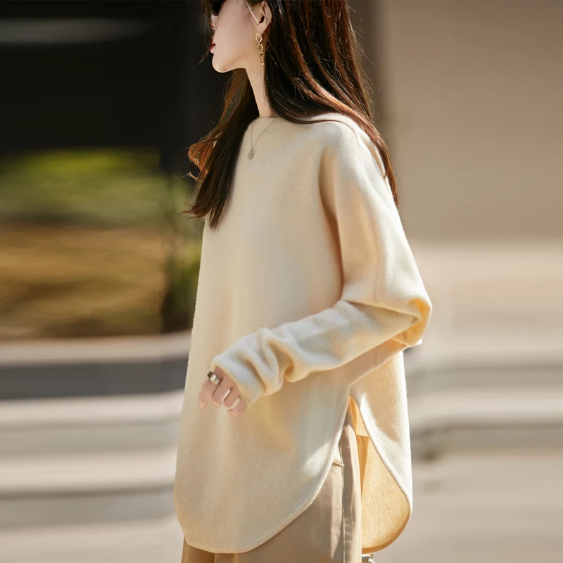 Women's Sweater 100% Pure Wool One Neck Knitted Pullover Fashion Korean Version Bat Sleeve Tops Loose Knit Sweater Autumn Winter