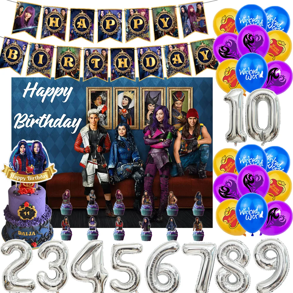 

Descendants Theme Birthday Party Decorations Mal Carlos Evie Jay Background Banner Balloon Cake Topper Kids Gift Party Supplies