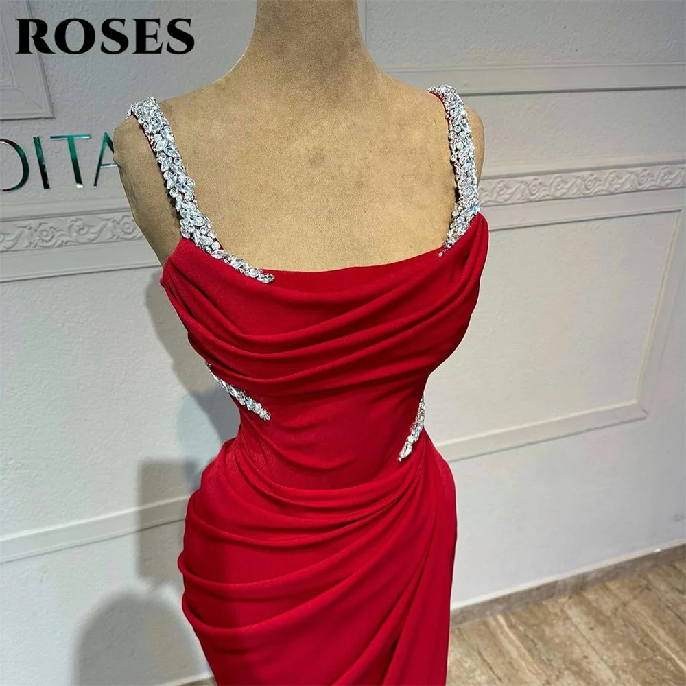 ROSES Red Strapless Sexy Mermaid Evening Dresses for Woman Elegant Shiny Prom Gown Satin Side Split Party Dress فساتين السهرة