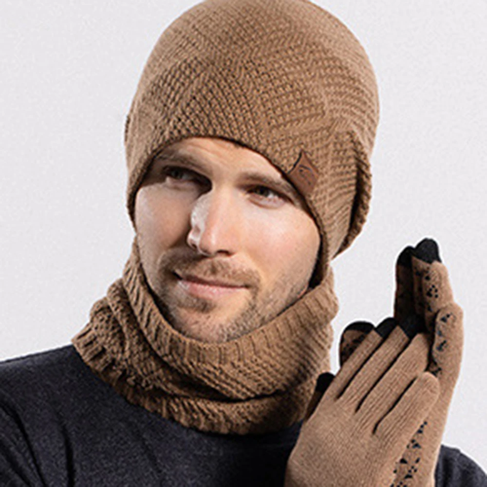 3-in-1 Men\'s Warm Hat Scarf Gloves Set Women Winter Touchscreen Gloves Men Outdoor Windproof Warm Neck Scarf Knitted Beanie Caps