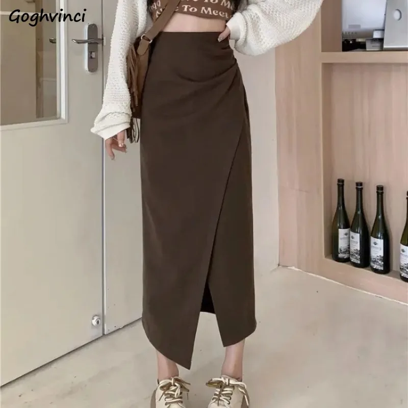 

Woolen Midi Skirts Women Solid Shirring Empire Vintage All-match Front-slit A-line Hip Wrap Autumn Winter Chic Popular Elegant