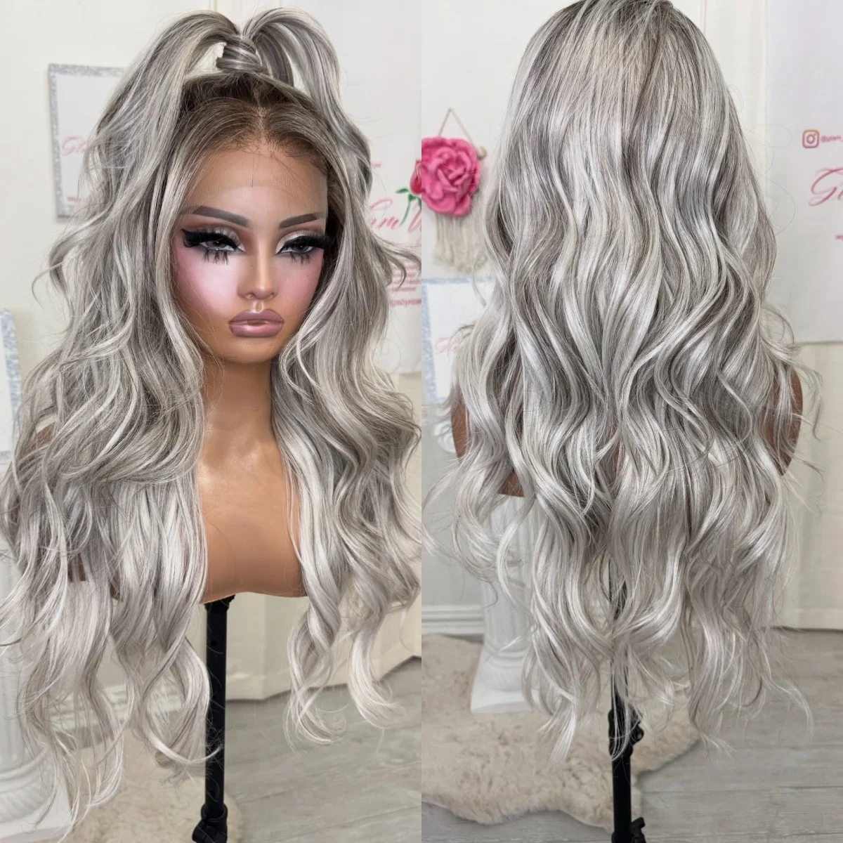 Long Length 26 Inches Sliver Platinum Blonde Shadow Roots Synthetic Lace Frontal Wigs Loose Wave Mix Color Free Part Cheap Wigs