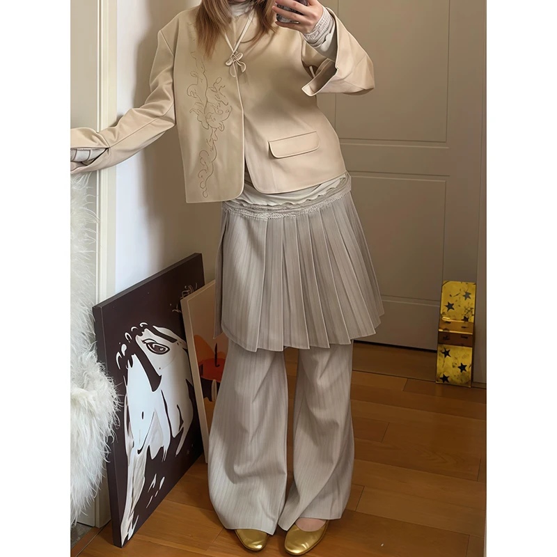 RORORIRI, Pantalones De pierna ancha De nicho coreano, traje falso De dos piezas, Falda plisada, Pantalón largo, Pantalones picantes para chica Y2k, Pantalones De Mujer