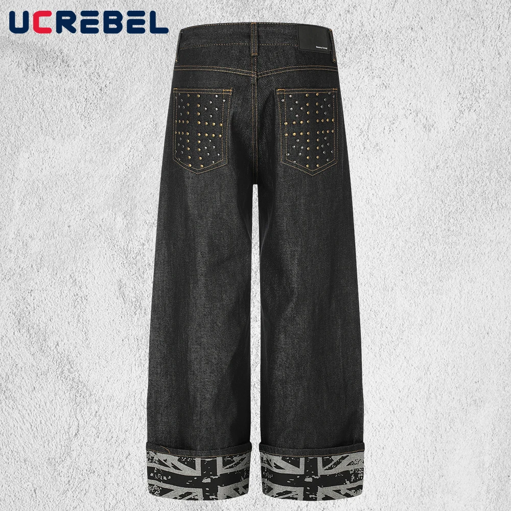 Rivets Pocket Jeans Mens Loose Vintage Cuff Print Wide Straight-leg Denim Pants Men