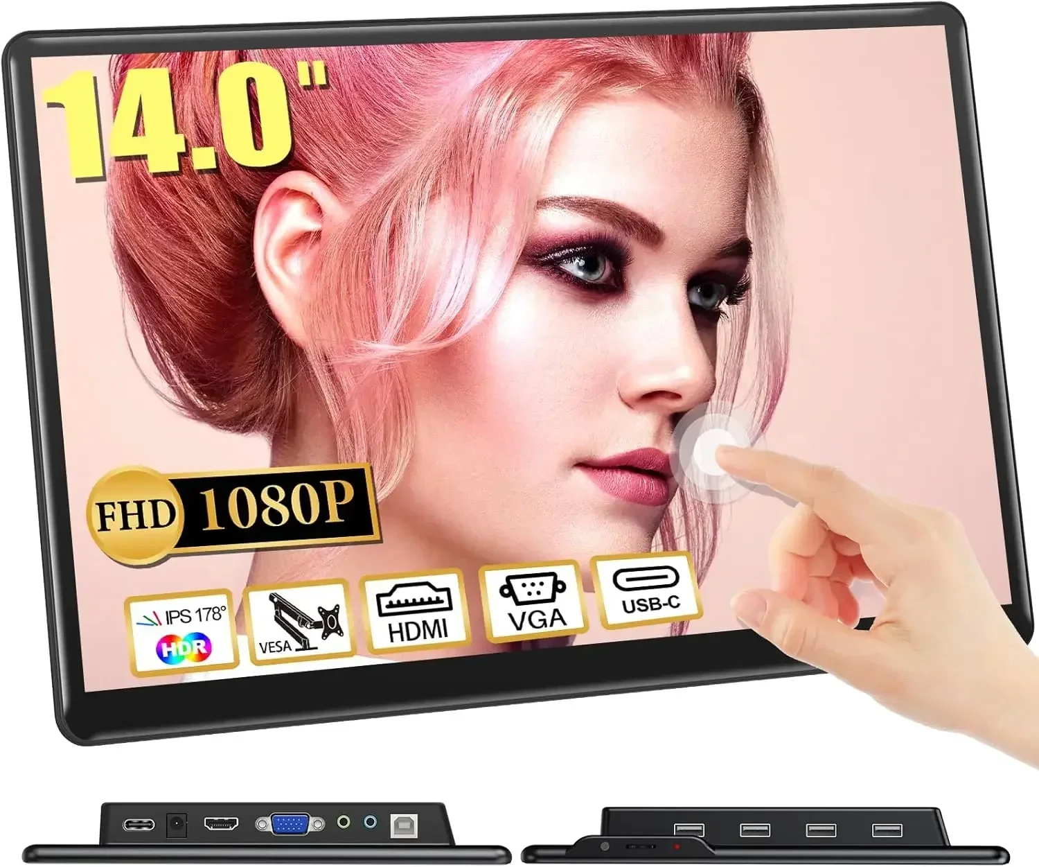 

Лидер продаж. 14-дюймовый сенсорный монитор, USB-C + HDMI + VGA FHD 1920x1080 IPS HDR 100% sRGB 60 Гц 10-точечный сенсорный дисплей с динамиками. NE