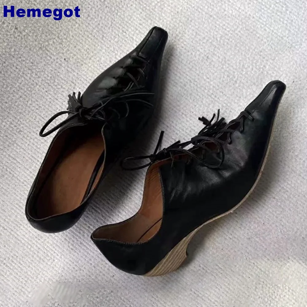 

Pointed Retro Cross-Lace Pumps Summer New Outdoor Casual Thick High Heels Strange Heels Black British Style Office Tassel Pumps