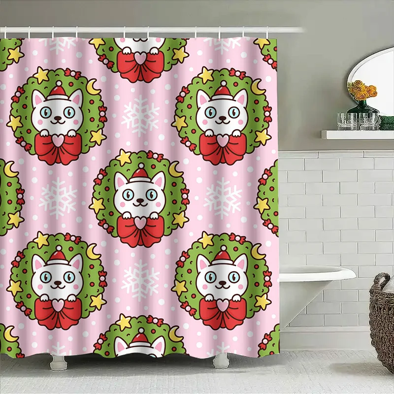 

Tuniu Cute Cartoon Cat Christmas Shower Curtain Funny Holiday Gift for Women Girls Room Decor