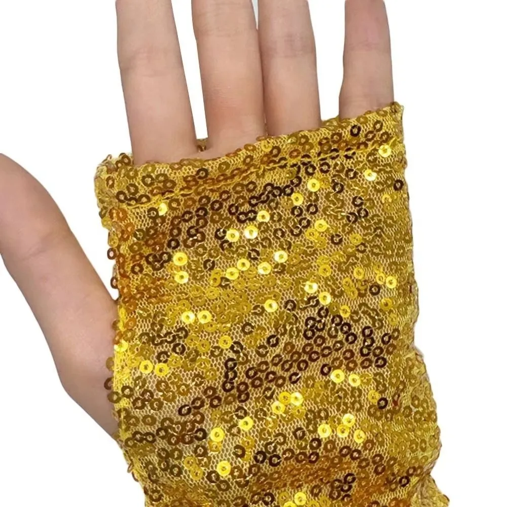 Elastic Sequin Half Finger Gloves Polyester Creased Reflective Stage Gloves Solid Color Sequined Fingerless Performance Handwear