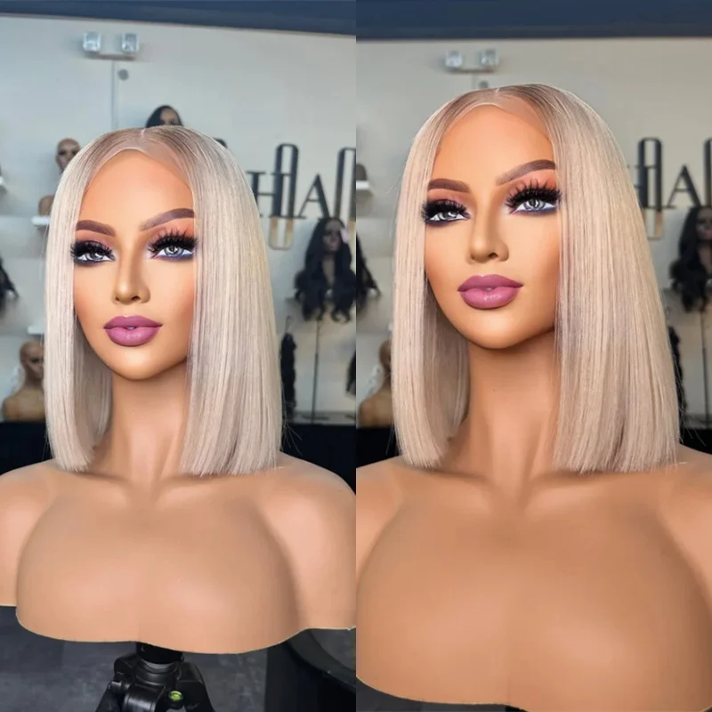 Ombre Icy Platinum Blonde Highlights Synthetic Lace Front Wig Original Factory Cheap Wigs 12 Inch Short Straight Bob for Women