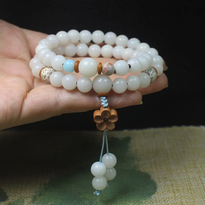 White Jade Bodhi 8mm Double-Loop Bracelet with Star, Moon, and Small Flower Beads, Simple Buddhist Prayer Beads, Decorative Acce