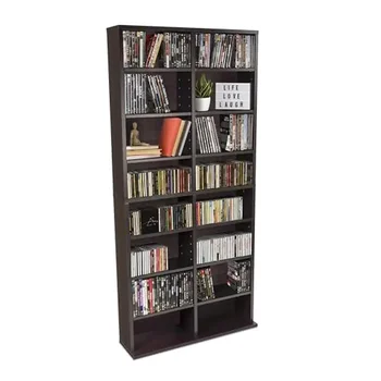 Image Adjustable Media Cabinet CDs DVDs Blu-rays 464 CD Storage Espresso Finish 12 Adjustable Shelves Organize Music Movies Games