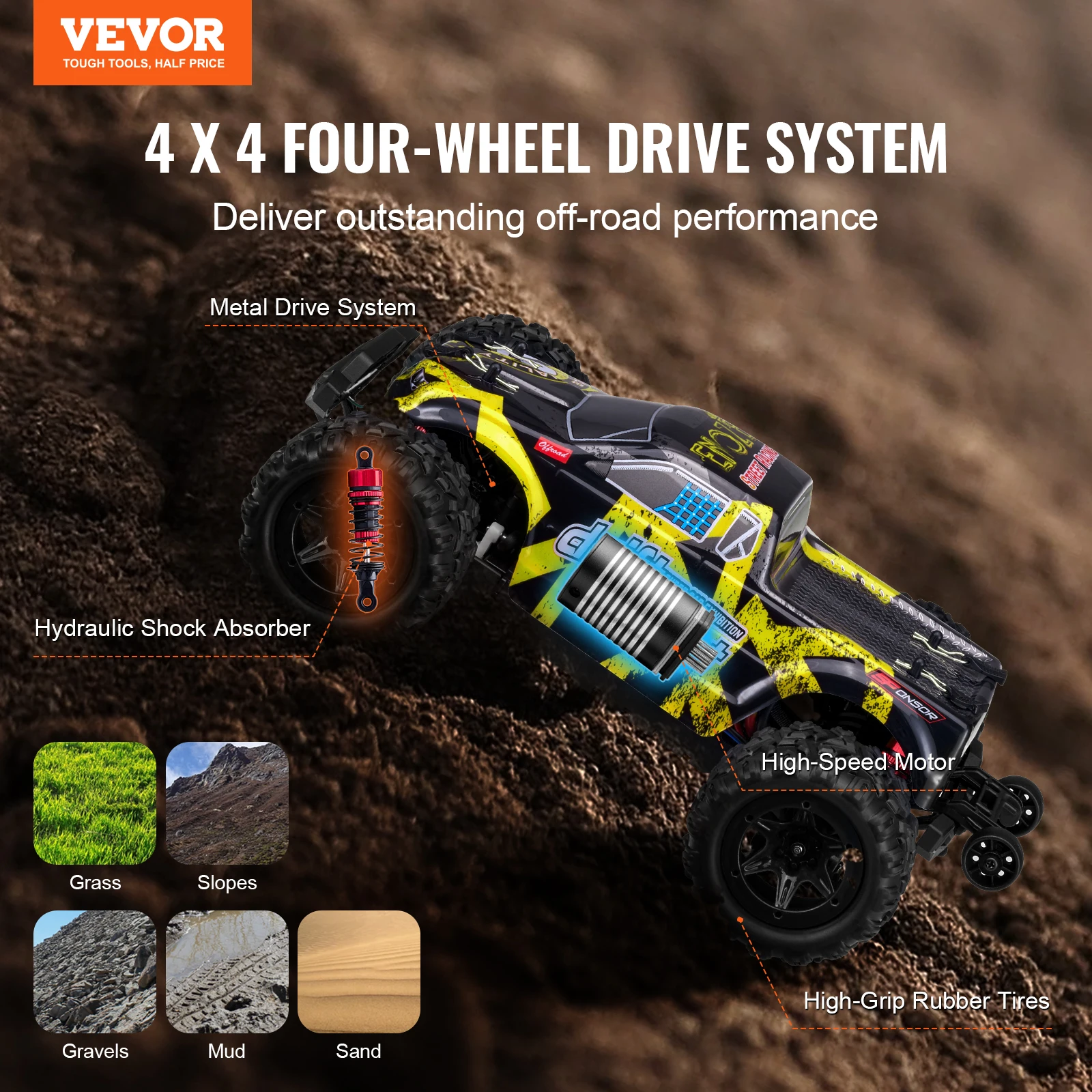 VEVOR 45KM/H 4WD RC Car 1:18 All Terrain Off-Road with High Speed Remote Control Truck Drift Monster Toys Gifts for Boys Kids