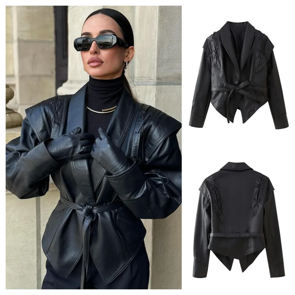 PB&ZA2024 autumn new women\'s clothing irregular design with belt temperament waist cinched leather jacket PU short jacket top