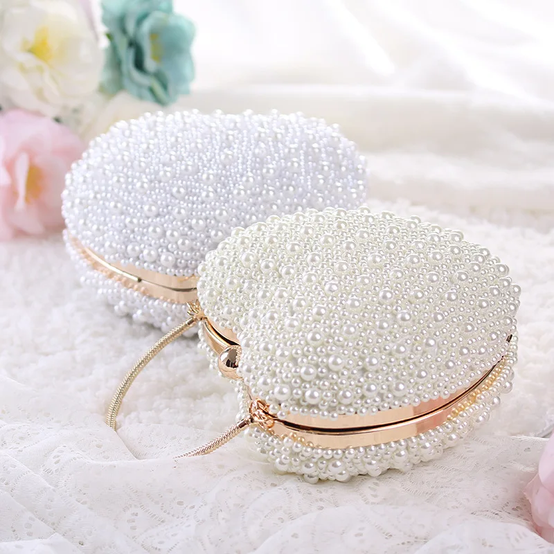 

2023 Party dinner bag Pearls Heart Shaped Wedding Clutch Purse Full Side Beads Mini Wallets With Chain Shoulder Bags For Girls