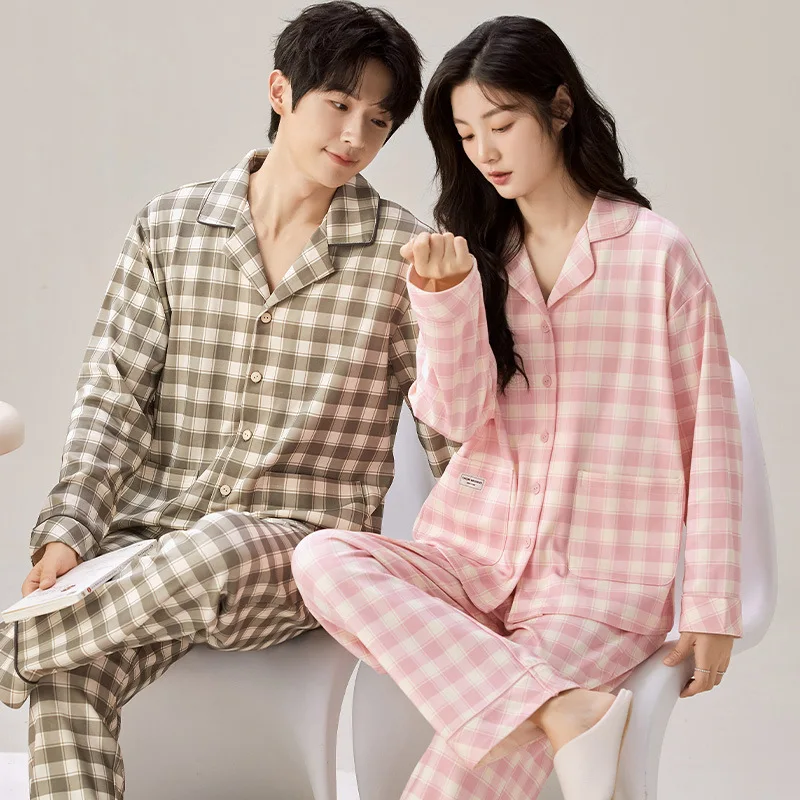 Women and Men Matching Cotton Pajamas 2024 New Fashion Korean Nightwear Cardigan Autumn Pijamas Long Femme Hombre Pjs Pyjamas