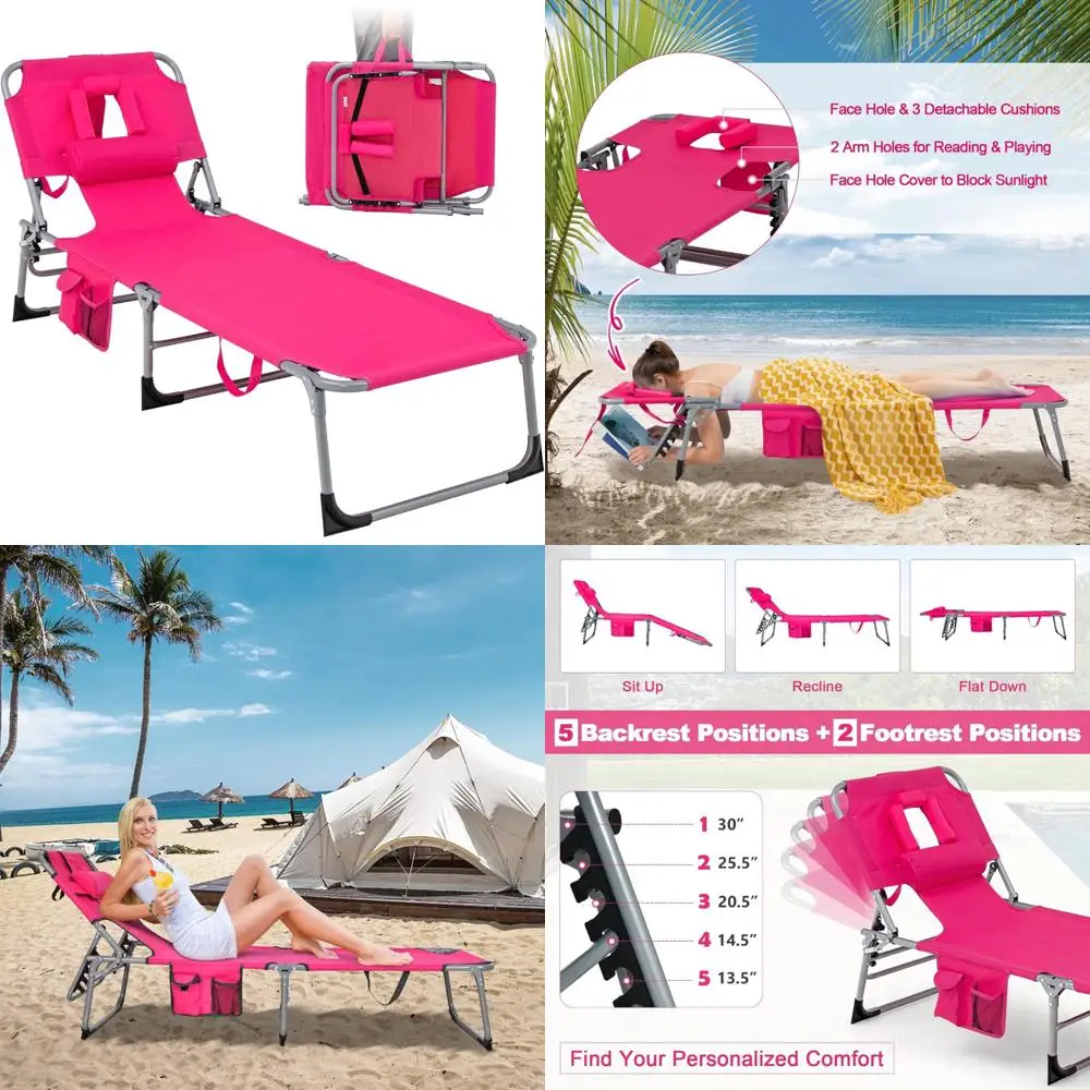 

Adjustable Reclining Sunbathing Lounge Chair with Face Hole and Side Pocket for Patio, Portable Beach Tanning Chair