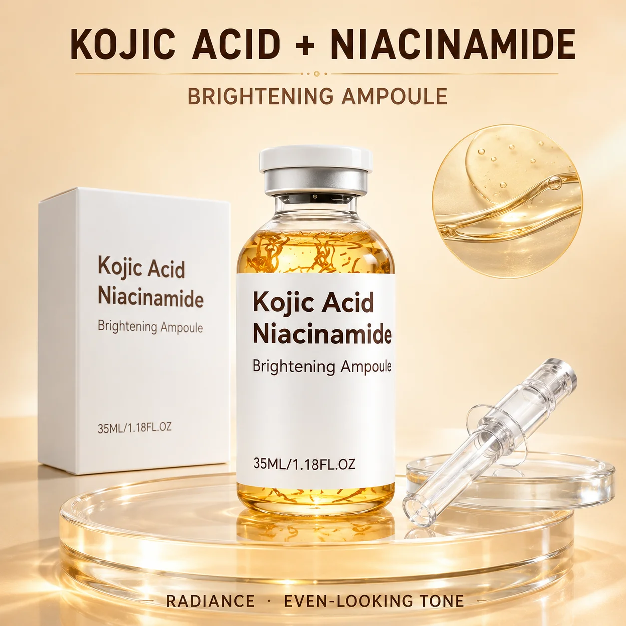 Kojic Acid Niacinamide Brightening Ampoul Serum With Syringe Hydrating Nourishing Smoothing Light‑Weight Face Treatment Essence