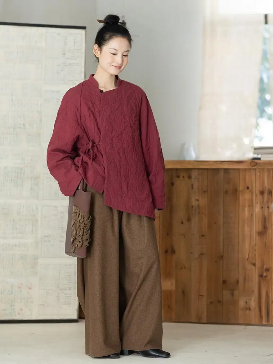 

Double Layer Linen Cotton Jaet with Belted Slanting Closure for Commuting Loose Fit Thiened Winter Outerwear