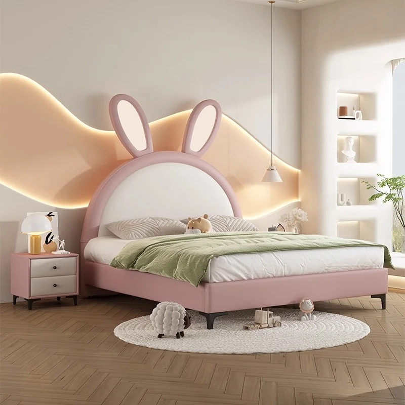 Modern Cartoon Rabbit Children's Bed for Girls Cute Princess Design with Leather Upholstery Pink Single/Double Size Bedroom Bed