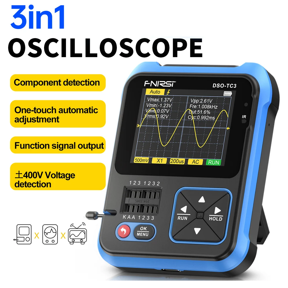 FNIRSI DSO-TC3 3in1 Multi-function Portable 2.4inch Digital Oscilloscope Transistor Detector Signal Generator Voltage Power Test