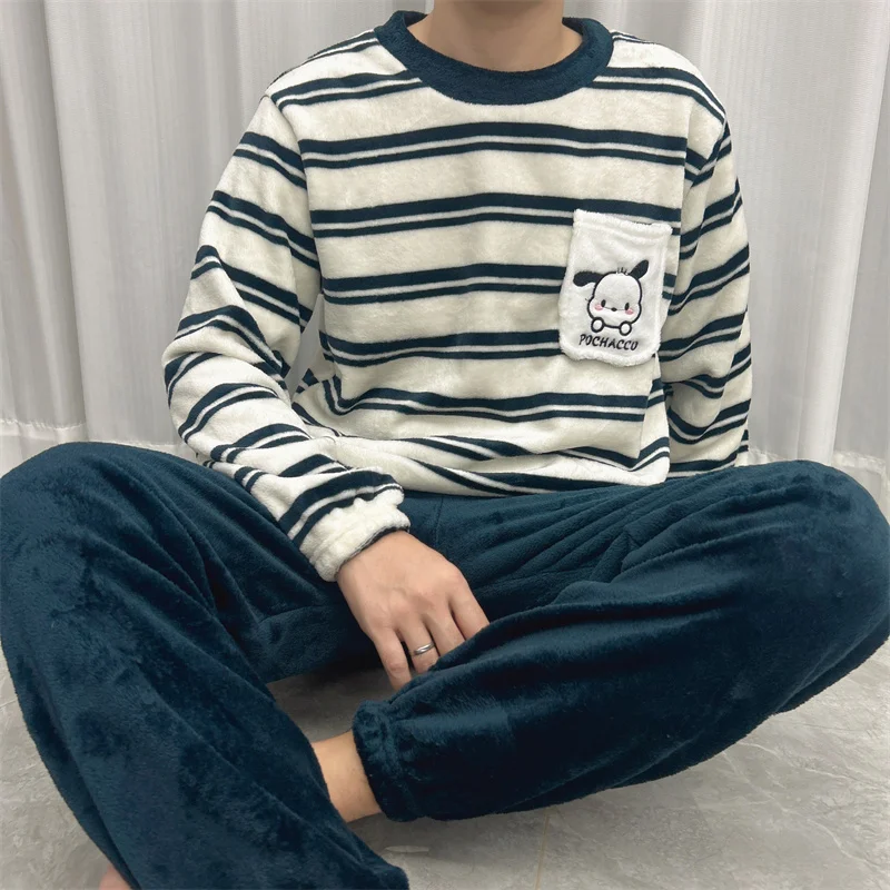 

Мужские термопижамные комплекты, зимние полосатые домашние комплекты с вышивкой собаки из мультфильма, флисовая плотная одежда для сна, уютный теплый мужской пижамный комплект для отдыха