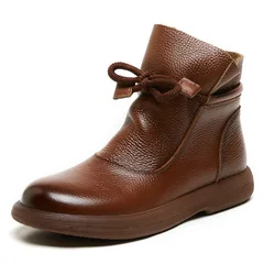 Winter Genuine Leather Women Ankle Boots Female Thick Plush Warm Snow Boots Mother Waterproof Non-slip Booties Casual Flat Shoes