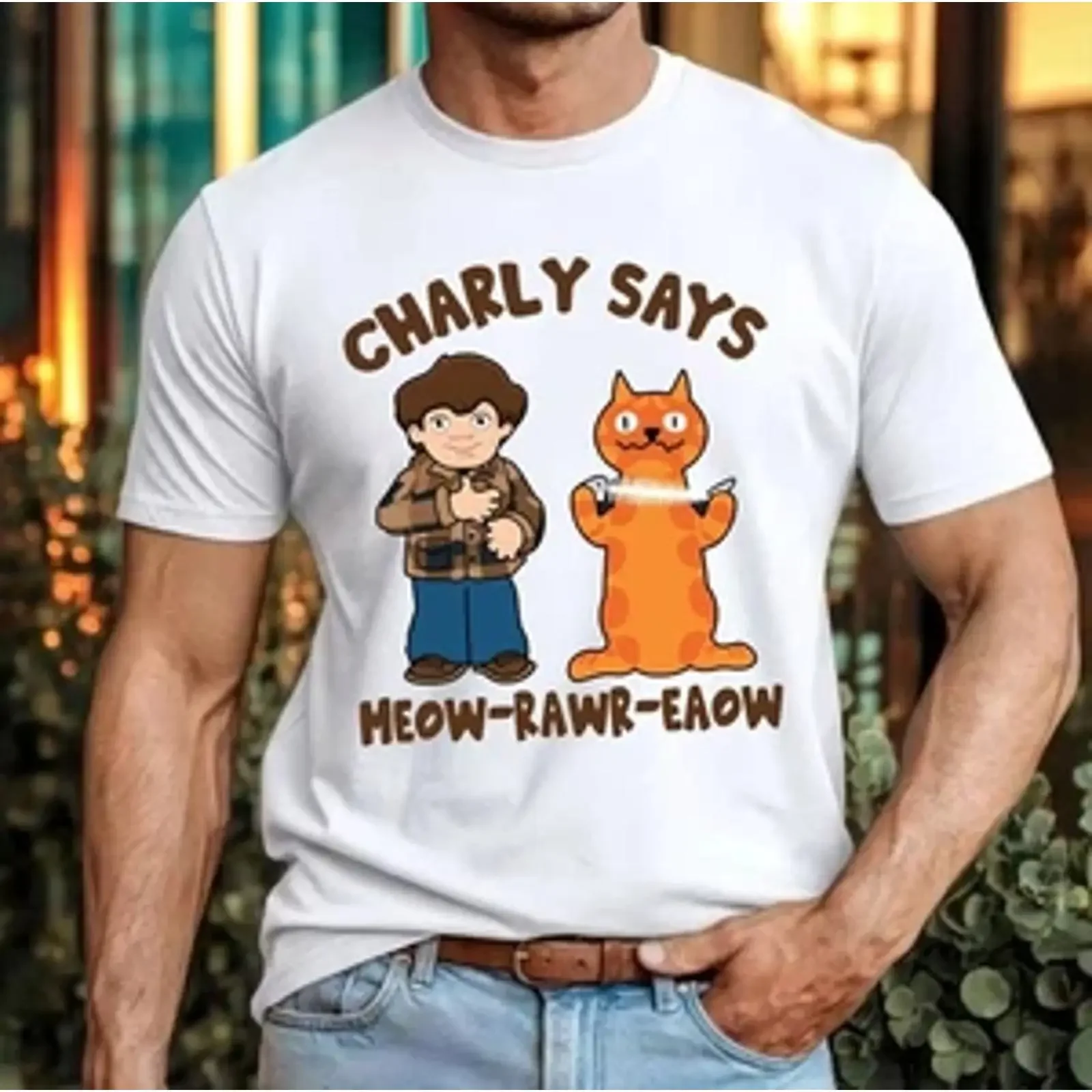 Charly Says Meow Rawr Eaow T Shirt Retro British Cat Quote Funny Nostalgic Top vintage Washed Slightly Stylish homme Casual