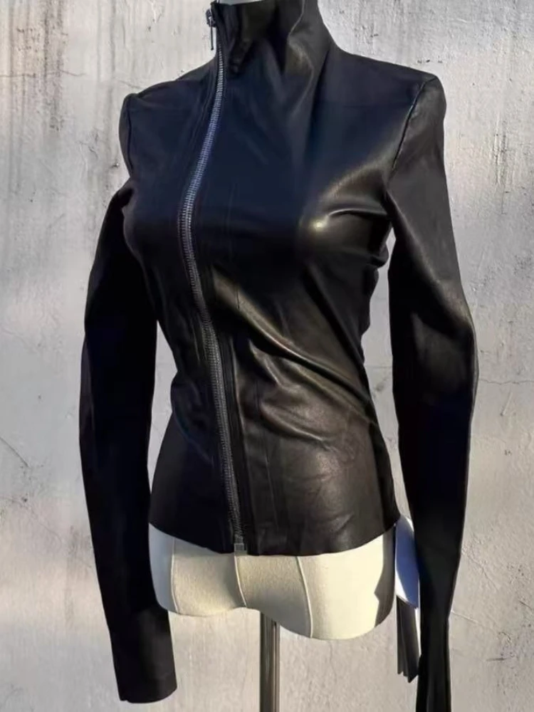 Černá štíhlá kožená bunda s dlouhým rukávem, sexy dívčí kožená bunda, dámská tmavě gotická tenká bunda se zipem, ženská Hepburnová, vintage oblečení Y2K - náhled 6