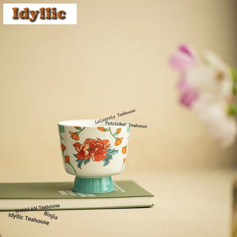 

120ml Hand Painted Peony Teacup Zen Tea Bowl Single Cups Tea-tasting Fragrance Cup Chazhan Master Cups Oolong Tea Tea Ceremony