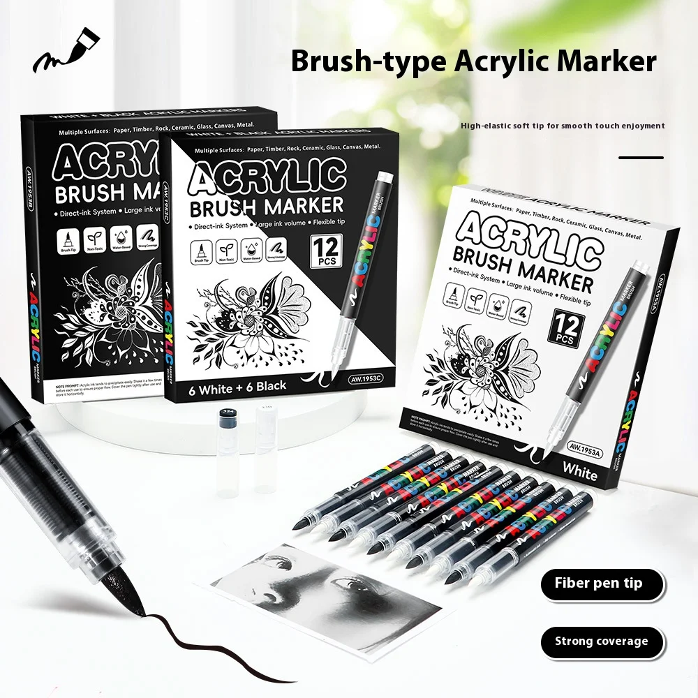 

12 Pcs Acrylic Markers White/Black 1-5mm Pen Tip Permanent Write Smooth For Painting Drawing Stone Rock Wood Art Stationery