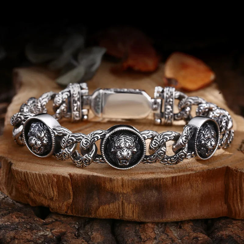 S925 Sterling Silver Tiger Bracelet 12mm Old Process 20CM Heavy Body Tank Unisex Vine Design Fine Jewelry FYBT144