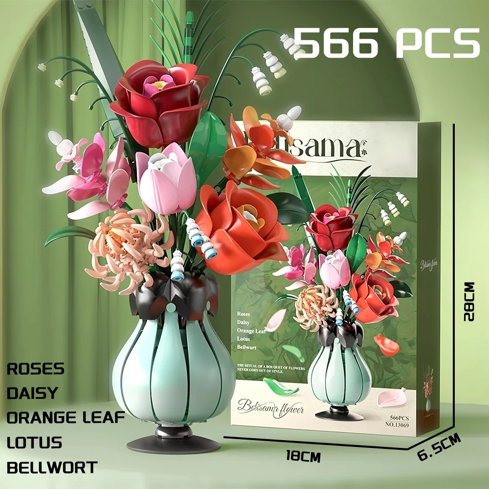 566 pezzi bouquet di fiori blocchi di costruzione con vaso decorazione della casa bambini assemblaggio fai da te giocattoli compleanno Natale ragazze regalo di San Valentino