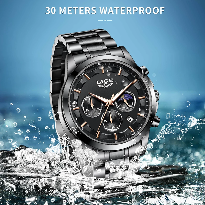 LIGE Men Watch Fashion Business 24 Hours Moon Phase Chronograph Male Clock Waterproof Luminous Quartz Wristwatch Gift for Men