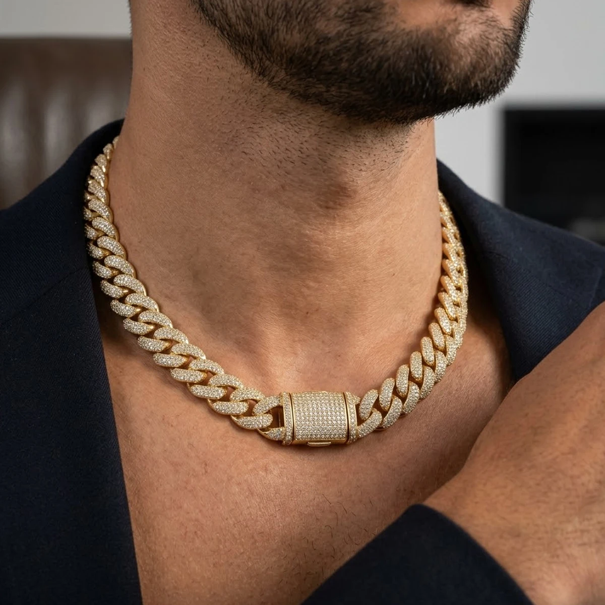 Massive 20mm breite, vollständig mit Zirkonia besetzte Cuban Link Kette, 18K vergoldete Kupfer Bling Box-Verschluss Miami Curb Halskette, verschiedene Längen 16/18/20/22/24 Zoll, Streetwear Rapper