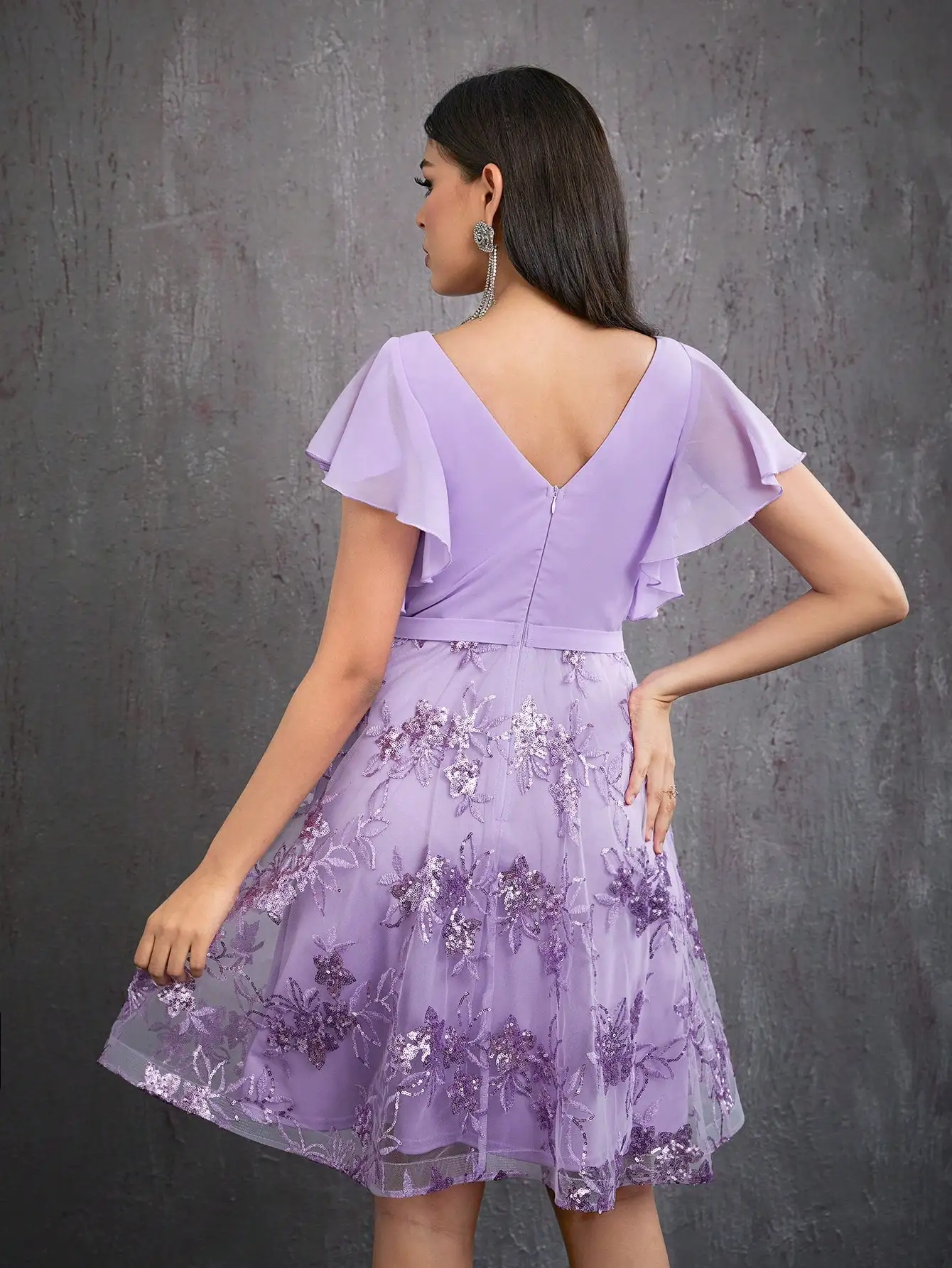 Mgiacyv-robe de soirée courte haut de gamme en mousseline de soie perlée, manches à volants, maille perlée