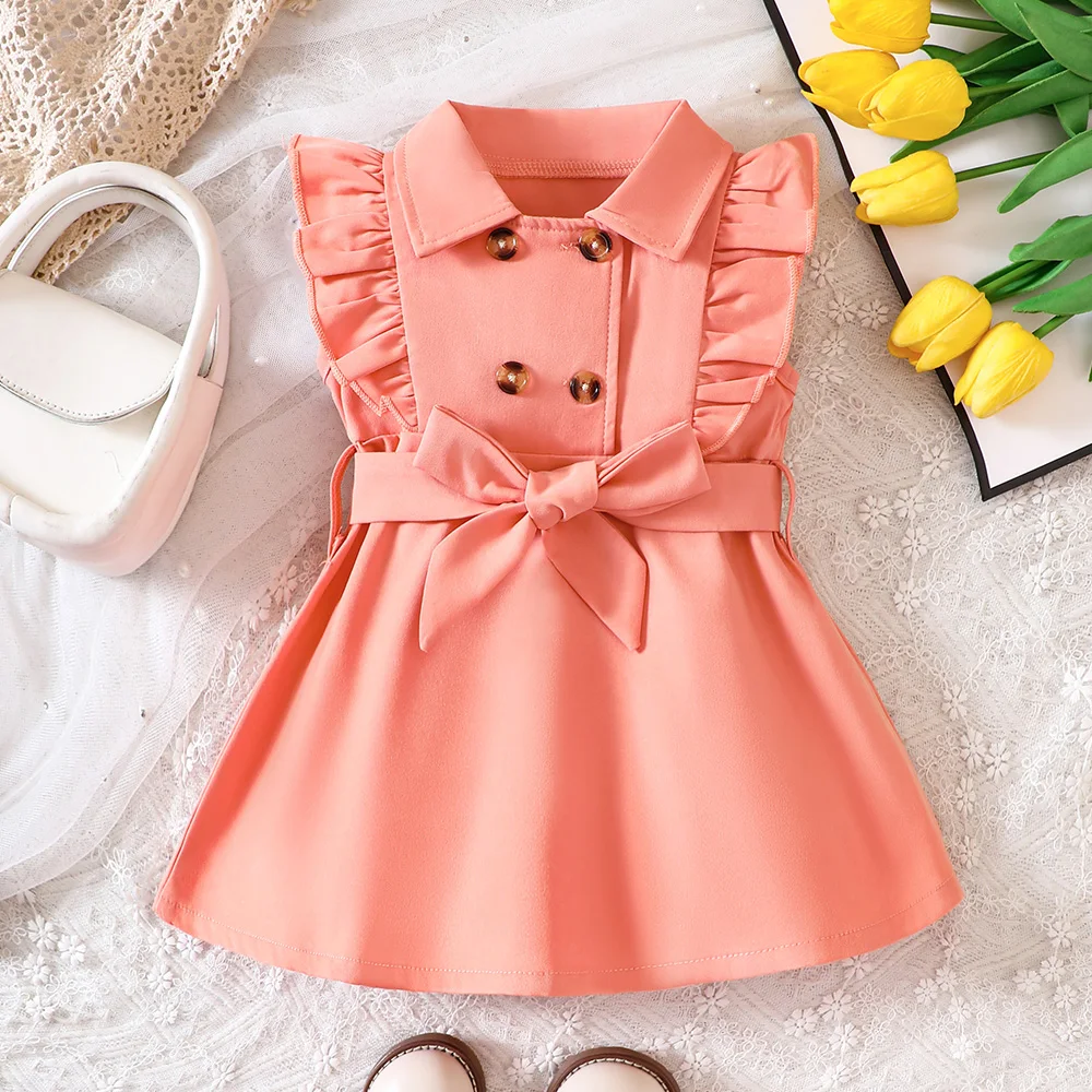 Wholesale Kids Girls Retro Solid Color Trench Belted Dress Double Breasted Elegant Summer Baby Dress