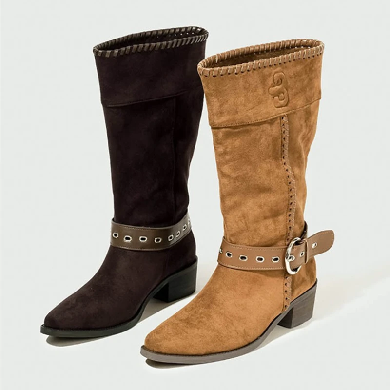 

Retro Western Ankle Boots for Women Fashion Belt Buckle Decoration Wedge Mid Calf Boots High Quality Faux Suede Zapatos De Mujer