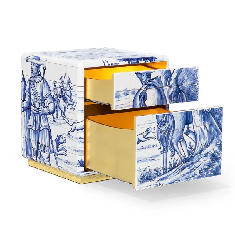 Portuguese personalized bedside table artistic painting designer luxury villa bedroom side cabinet solid wood locker