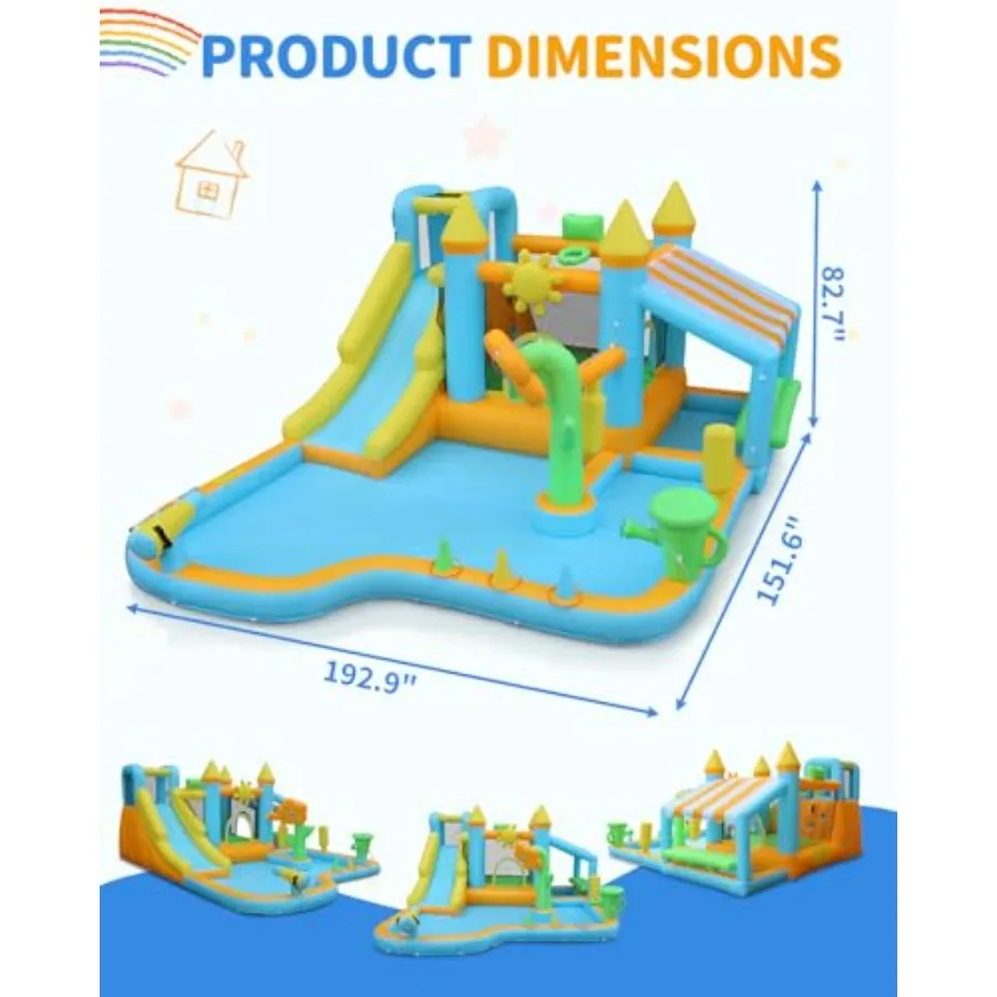 Backyard water slide for kids 3-8: inflatable bounce house with flower sprinkler, PVC material, blue and yellow, 10-in-1 fun wi