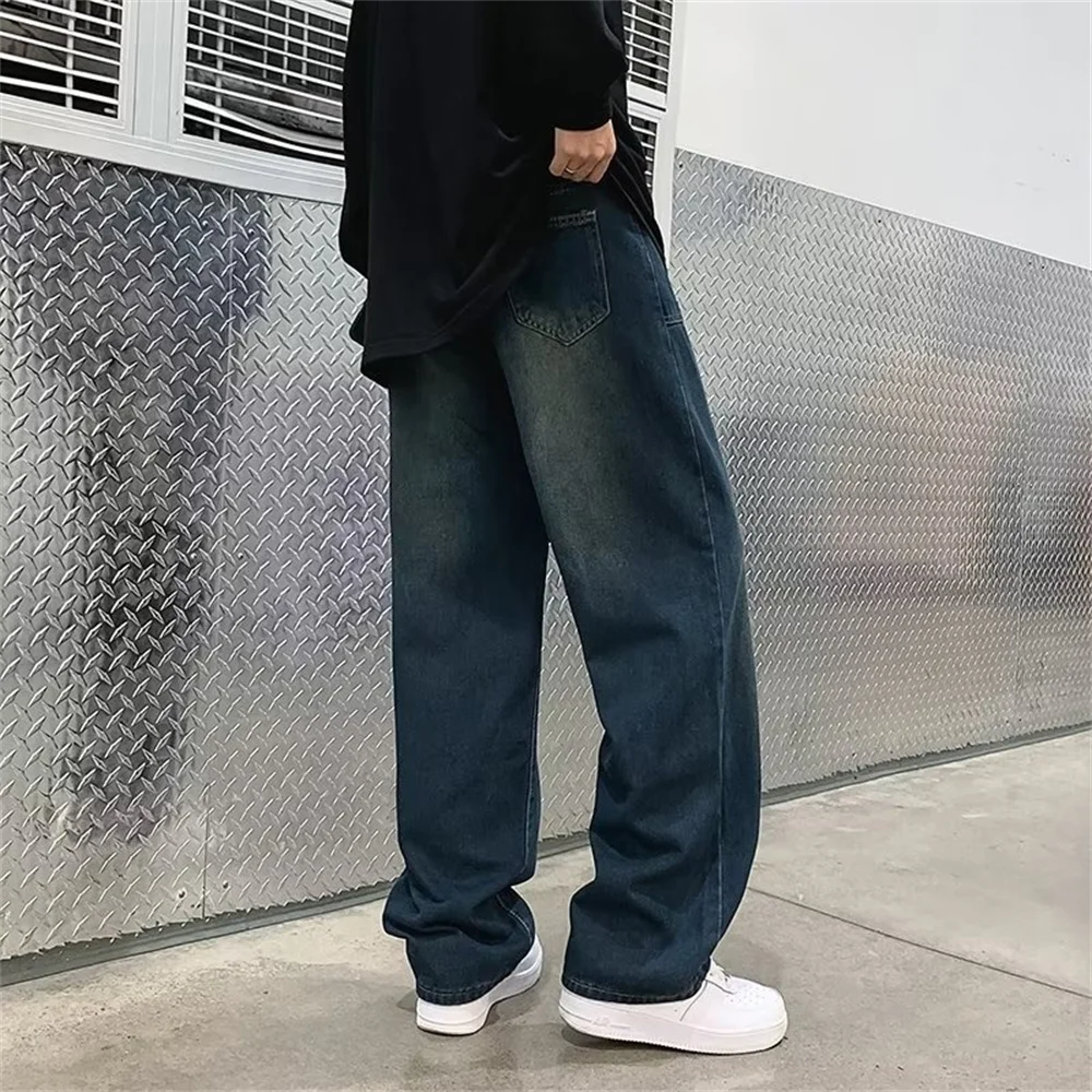 Men Wide Leg Jeans Baggy Retro Blue Japanese Simple Leisure Stylish Soft All-match Pocket Large Size S-3XL Solid New-fashion Hot