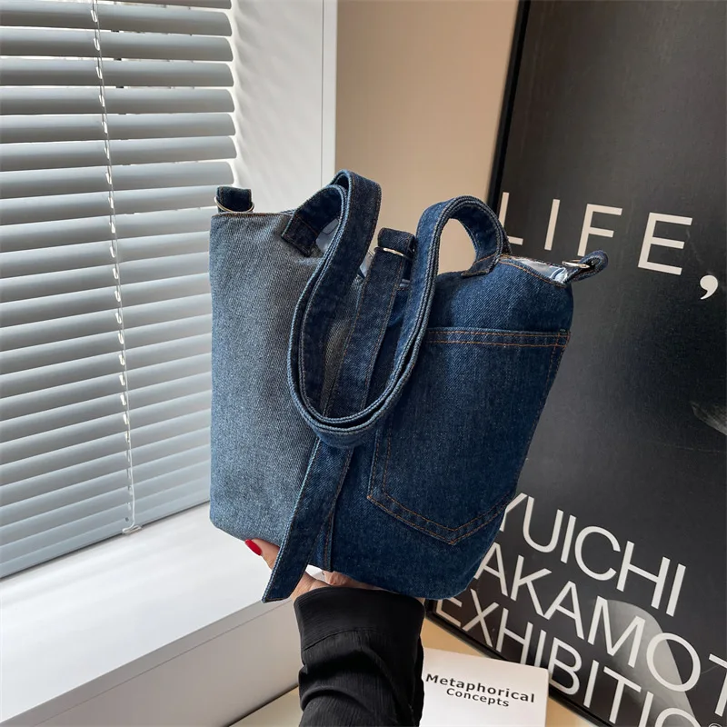 Washed Denim Fabric Bucket Bag Colorblock Patchwork Handbag Women\'s New Large Capacity Shopping One Shoulder Tote Crossbody Bag