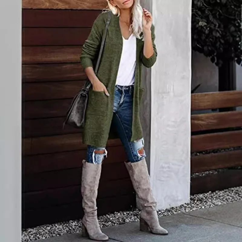 سترة نسائية محبوكة للخريف بأكمام طويلة سترة تريكو فضفاضة محبوكة غير رسمية للنساء