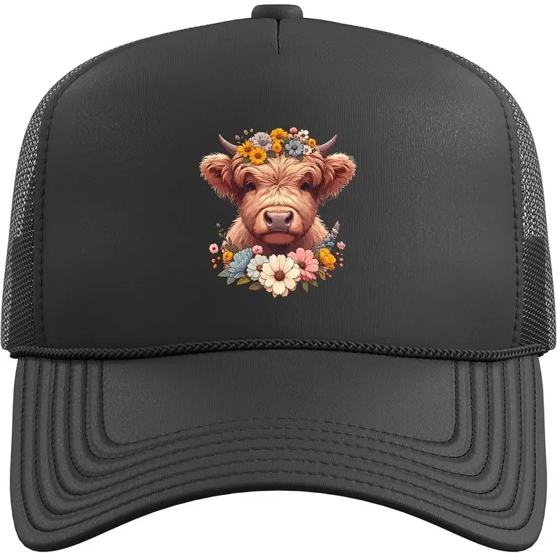 Cute Baby Highland Cow & Beautiful Scottish Cow with Flowers Trucker Hat with Adjustable Mesh Back
