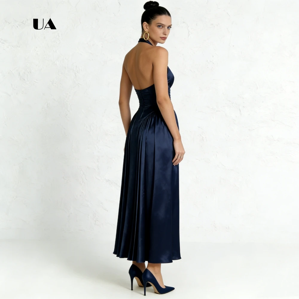 ULBYANRY Satin-Fit-and-Flare-Abschlussballkleid mit Neckholder, solides ärmelloses drapiertes Abendkleid für Damen, individuelles Partykleid