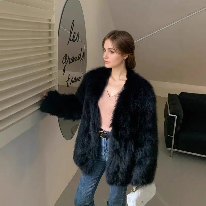 Jaet de pele transfronteiriça feminino ort v-ne inverno outerwear tecido de poliéster briti sle solto ajuste thiened longo sve