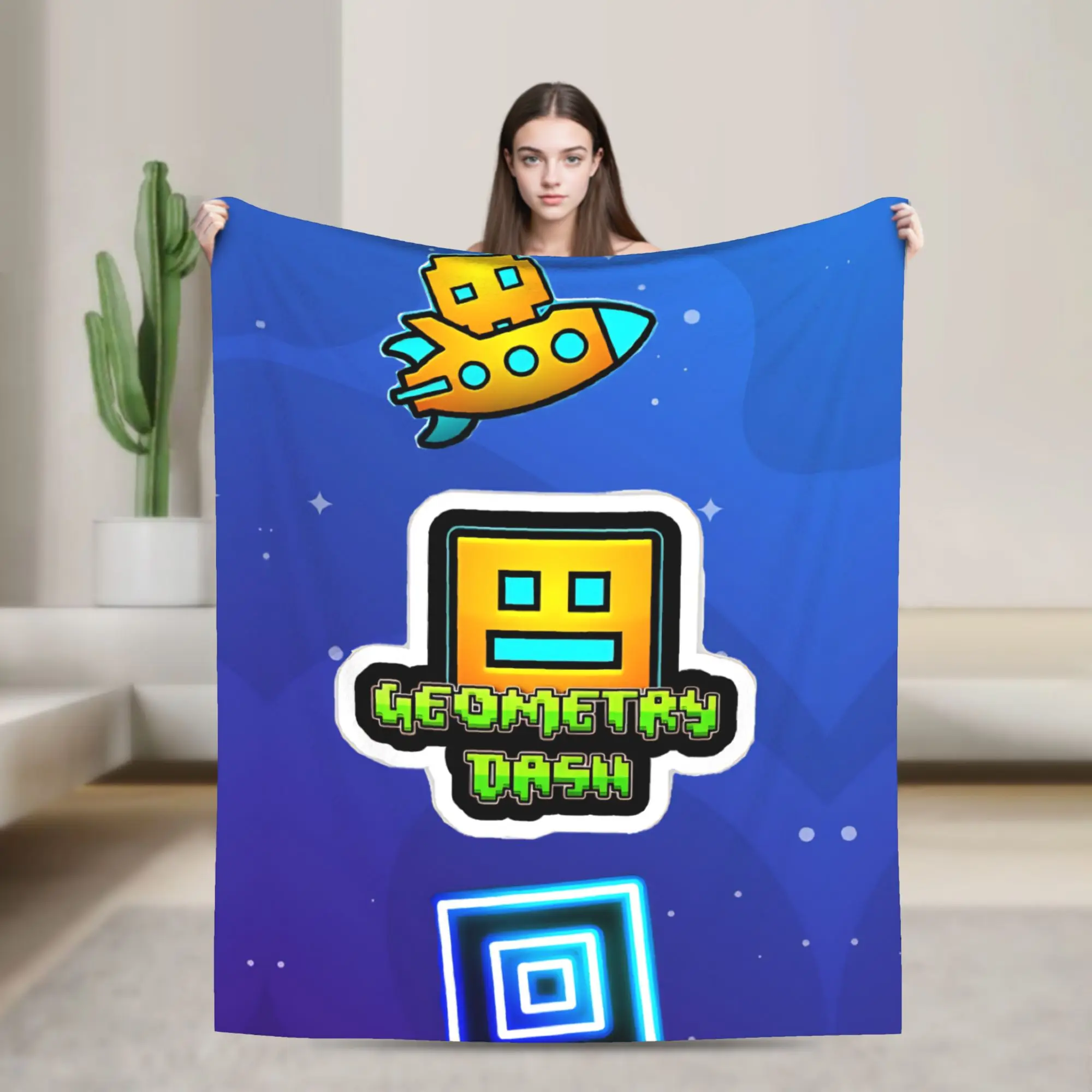 Games Geometry Dash Blanket Cover Plush Throw Blanket Airplane Travel Decoration Ultra-Soft Warm Bedsprea,