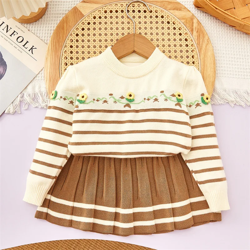 

Children's Set New Autumn Winter Girls Stylish Color-Block Striped Knitted Loose Cardigan Top and Short Skirt Two-Piece Set