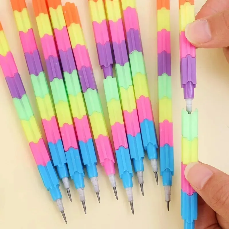 12Pcs Rainbow Stackable Block Pencils for Kids Birthday Party Favors Back To School Stationery Gift Pinata Fillers Goodie Bag